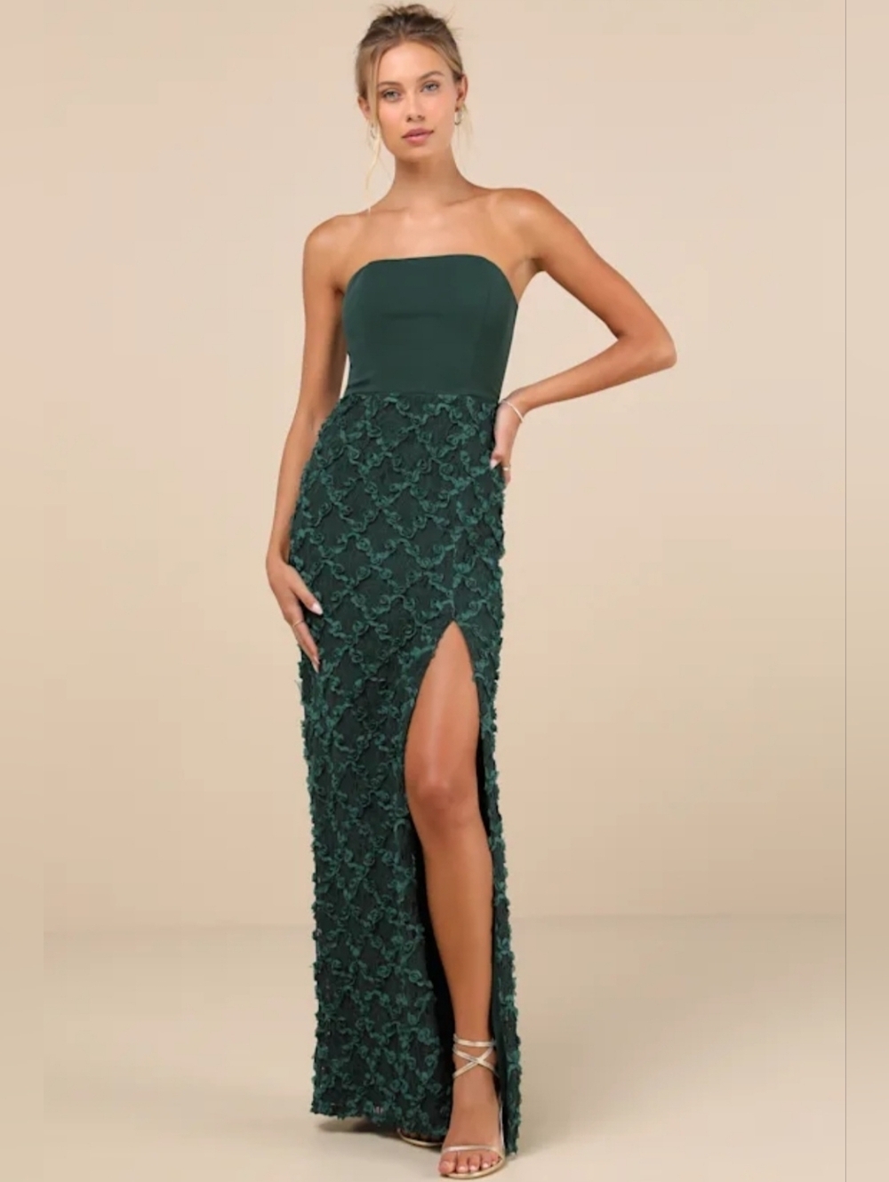 Lulus Ravishing Appeal Emerald 3D Floral Applique Strapless Gown size XS